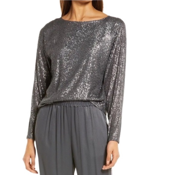 Halogen Dark Grey Metallic Sequin Long Sleeve Top - Picture 2 of 7